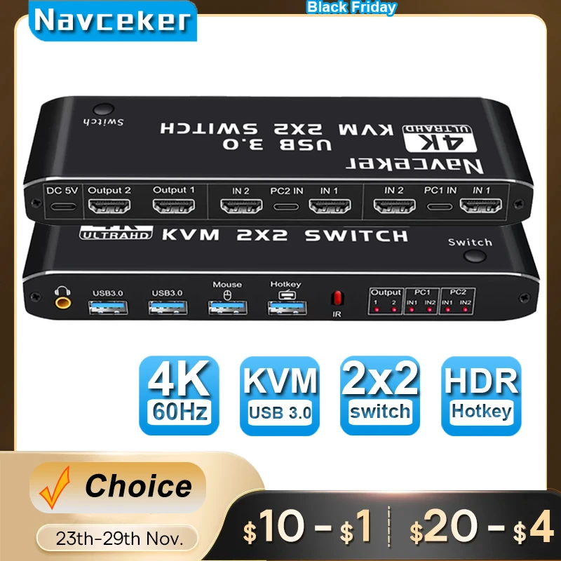 Navceker comutador kvm compat vel com hdmi porta usb 3 0 monitor duplo