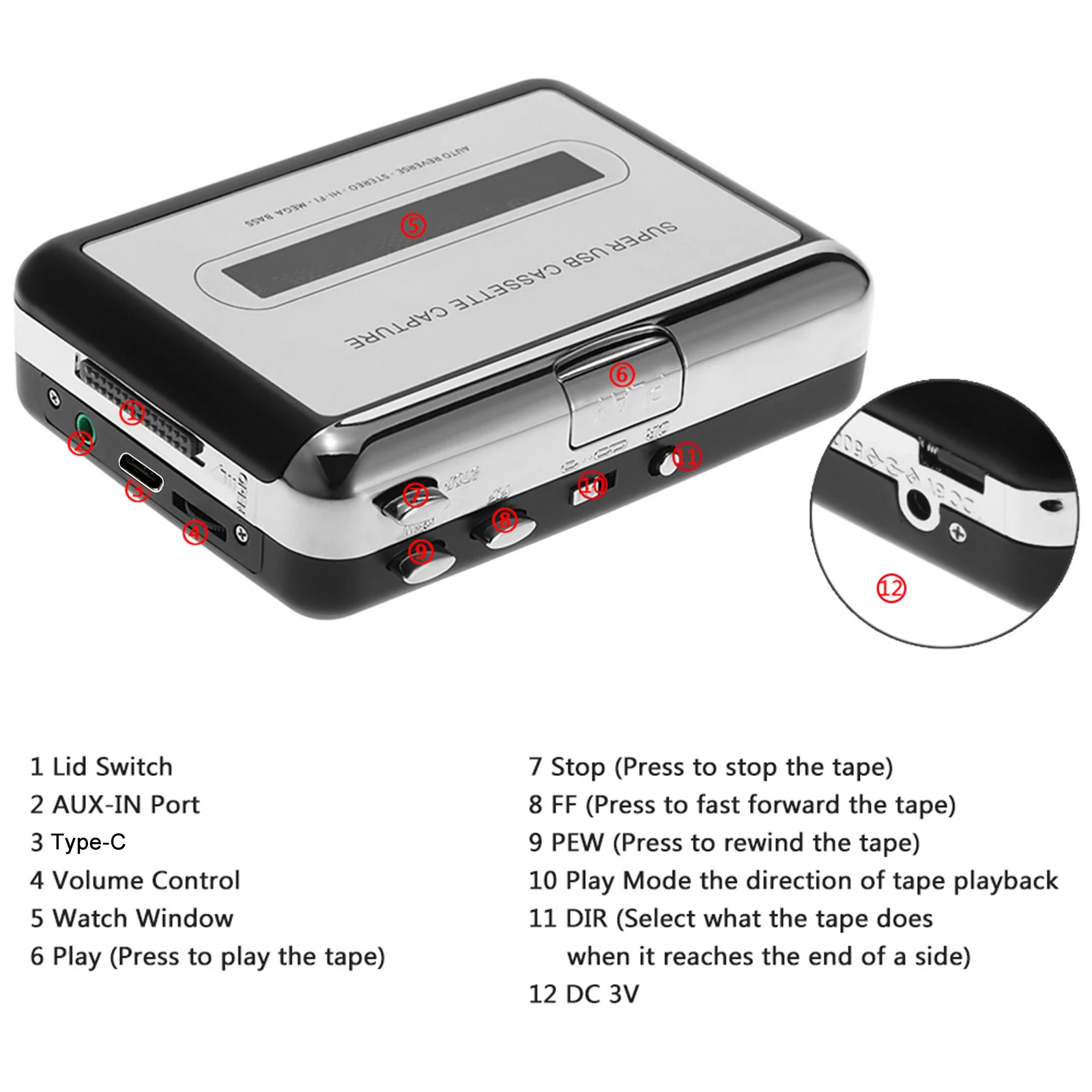 Cassette Player USB Cassette Capture Cassette Tape-to-MP3 Converter into Computer HiFi Sound Quality Mega Bass Audio Music Player with Earphone