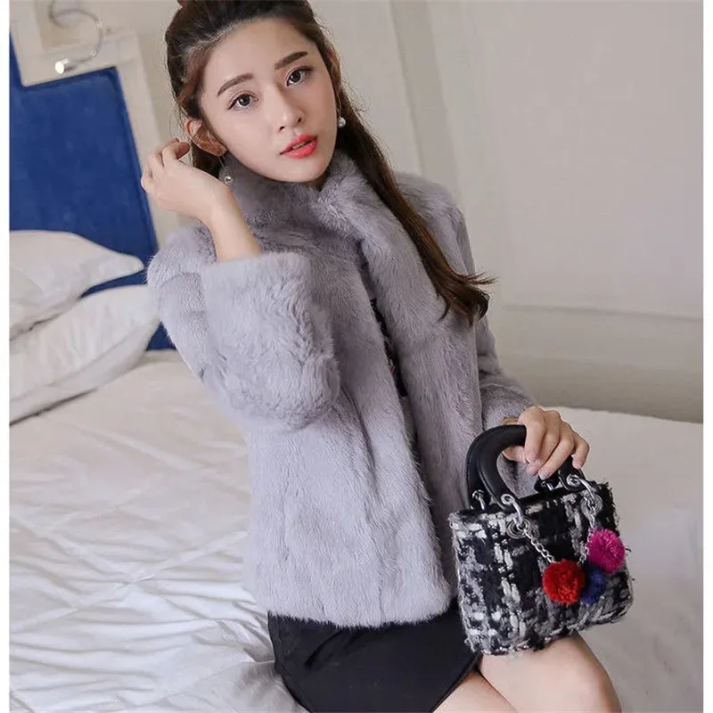 2023 New Imitation Mink Fur Coat Women's Slim Stand Collar