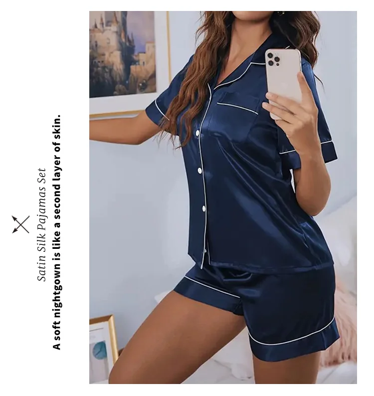 Pyjama femme 2 pièces bleu col rabattu boutonné short été