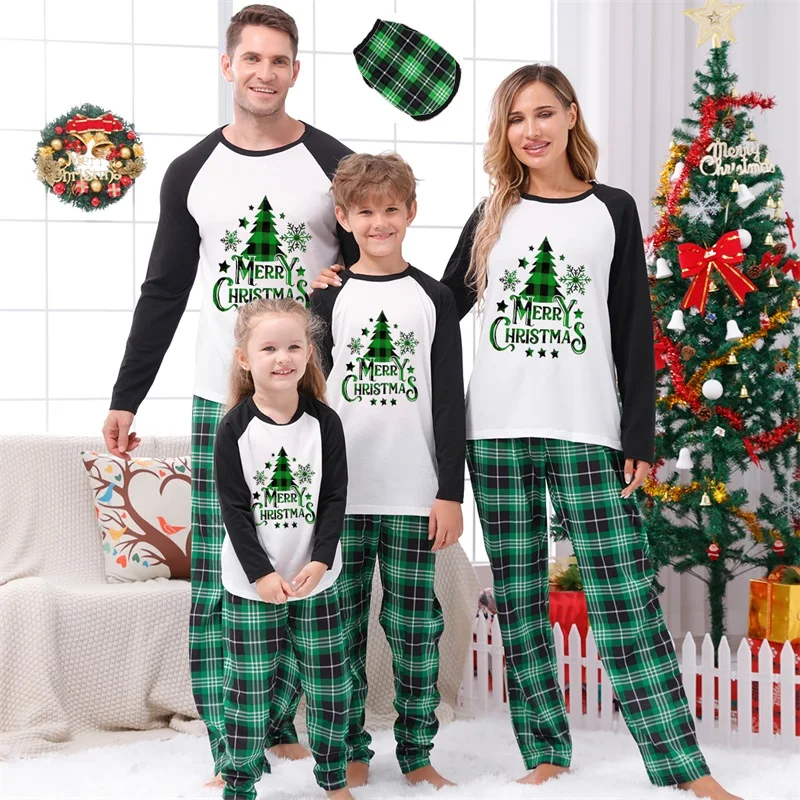 Conjuntos de pijamas familiares a juego 2024 Árbol de Navidad Padre Madre Niños Conjuntos de pijamas para bebés Ropa de pijama navideña para mamá, yo y perro a cuadros