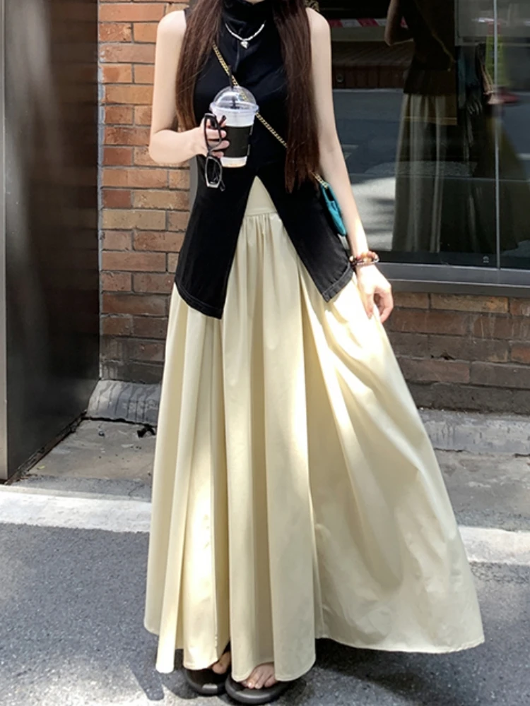 Qiukichonson Midi Long Skirt Women Maxi Skirt 2024 Korean Casual Spring Summer High Waist A-line Ruffle Pleated Skirts rok korean style fashion comfortable pregnant women pleated dress long sleeves autumn maternity clothes long loose pregnnacy dresses