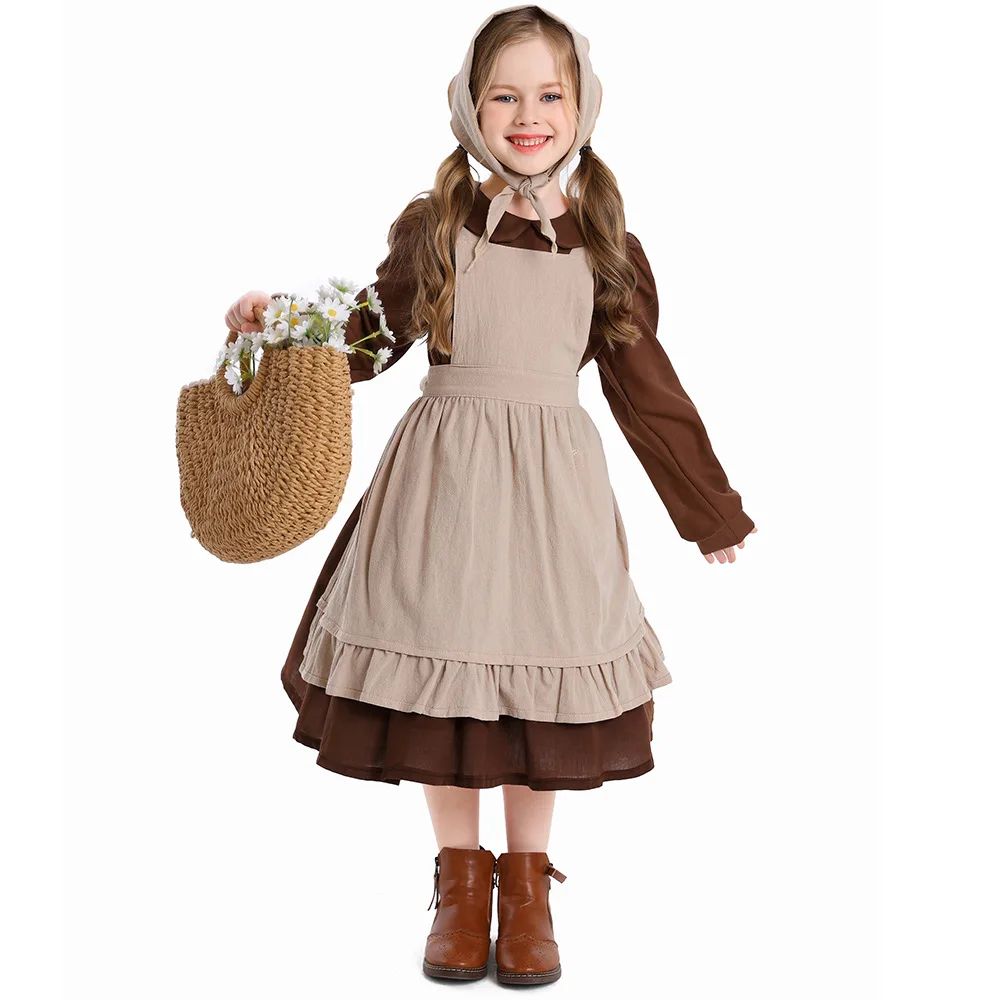 French estate maid Halloween brown dress apron Costume Middle Rural Farm Maid Civilian set for girls cosplay costume halloween dress outfit