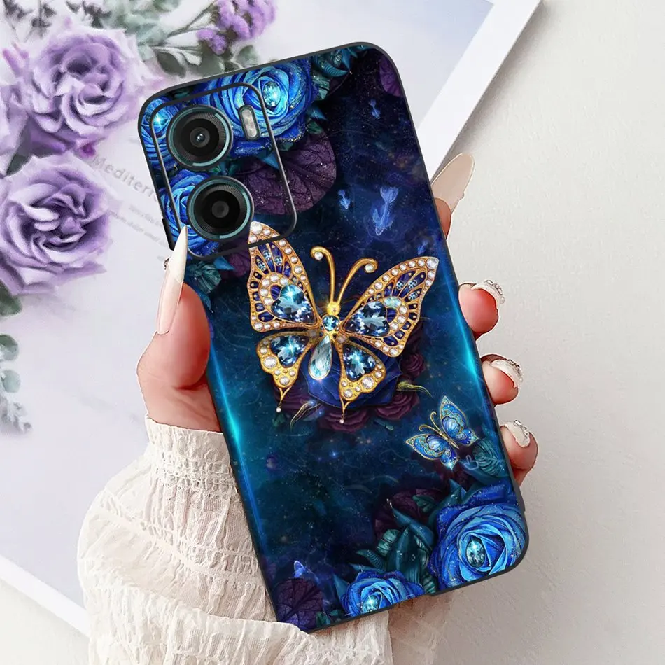 Floral Butterfly Black Silicone Soft Lightweight Phone Case