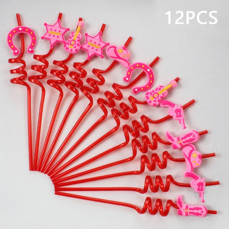 12-Piece Reusable Spiral Straws, Pink Western Cowboy Style – Vibrant Drinkware Set