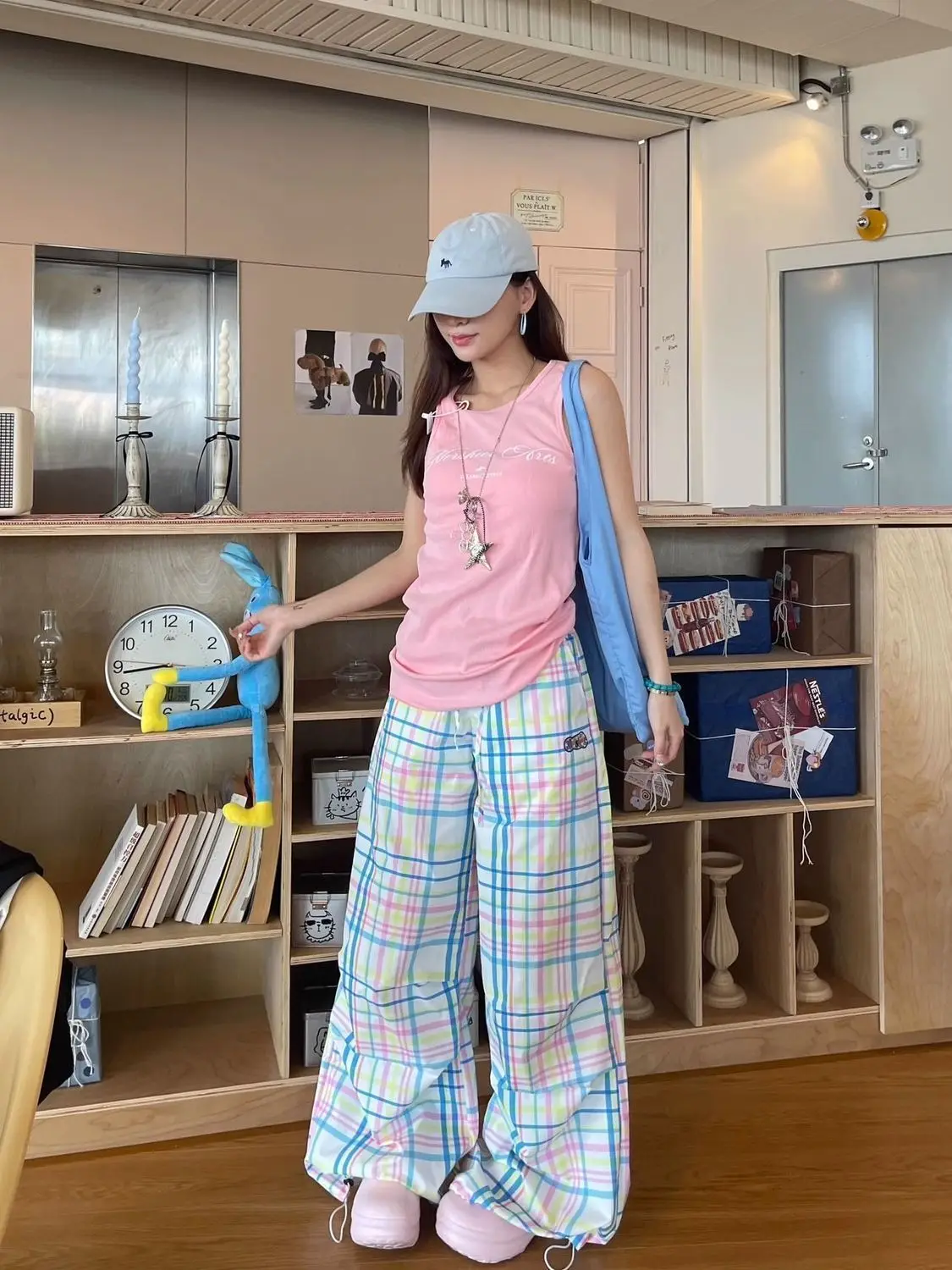 Y2K Pastel Plaid Wide Leg Cargo Pants | Drawstring Waist Baggy Trousers with Hem Toggle 90s Retro Streetwear Sweet Preppy Style