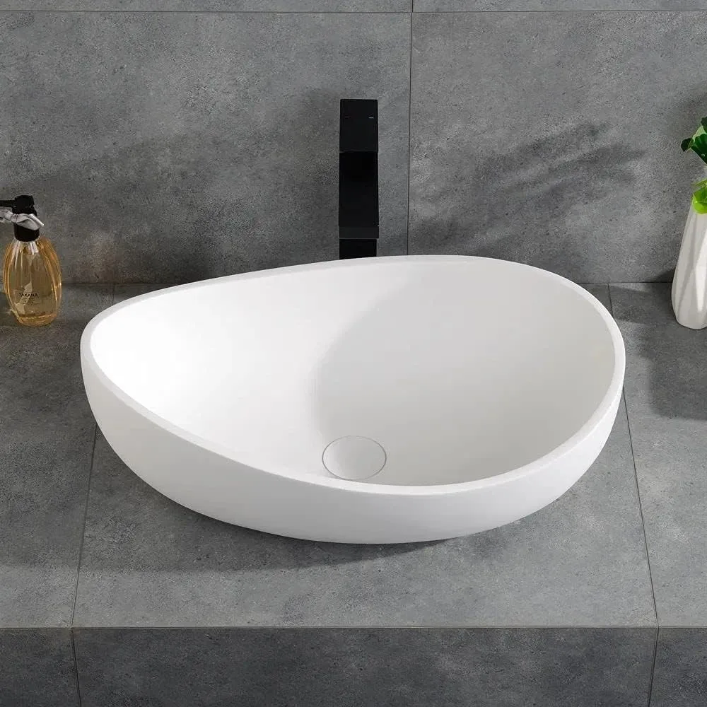 Oval Vessel  Stone Resin Bathroom Sink Modern Art Sink Matte White with Pop Up Drain (Glossy White) 5