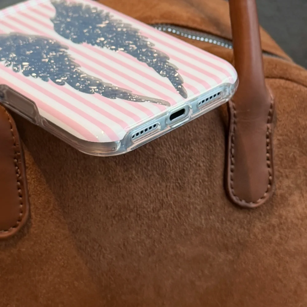 Luxury Pink White Thin Striped Phone Case with Glitter Rhinestone Angel Wing Design - Shockproof Back Cover