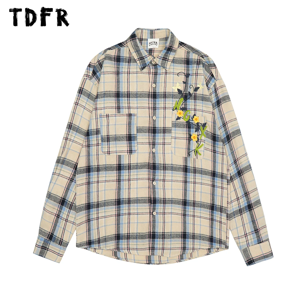 

Flower Embroidery Plaid Shirts Mens Retro Casual Loose Spring Autumn Lapel Single Breasted Long Sleeve Shirts Men