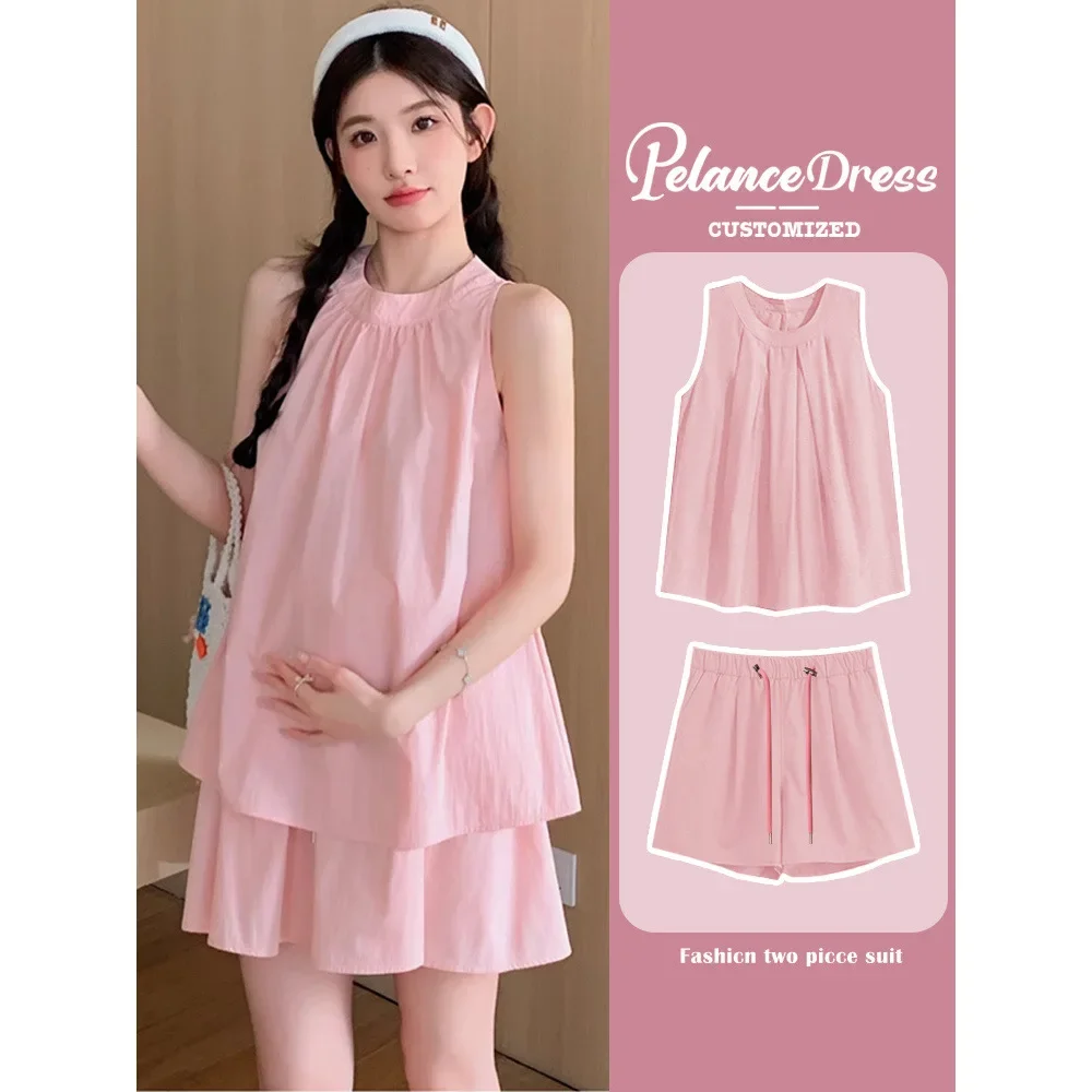 Summer French Cute Small Size Maternity Set Sleeveless Vest Doll Shirt Shorts Two Piece Thin Set for Pregnant Women
