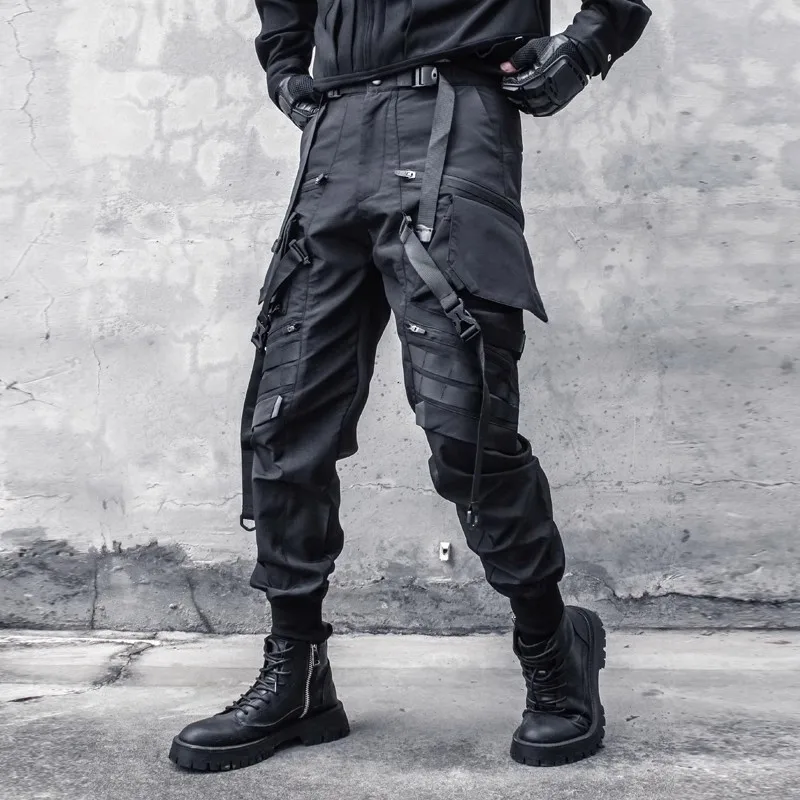 Techwear Functional Cargo Pants Men Fashion Tactical Ribbons Design Trousers 2025 Spring Hip Hop Streetwear Pants Black 3