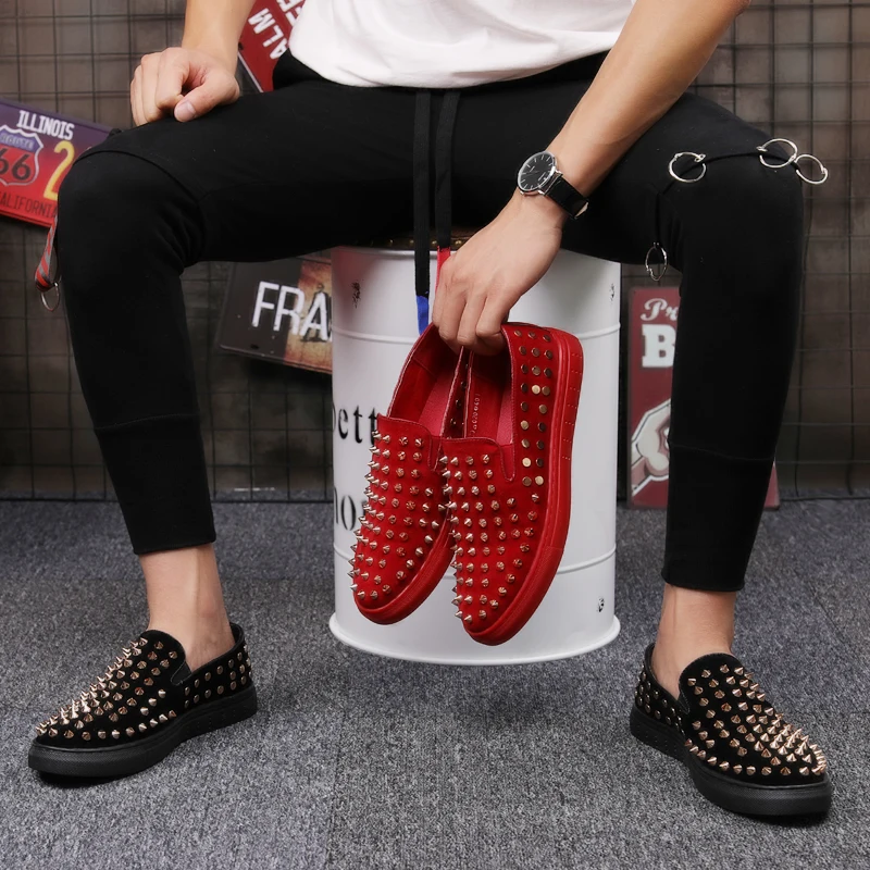 IGxx Elastic Rivet Shoes For Men Black Punk Metal Spikes Shoes Men's Clubs Flats Loafers Genuine Leather Motorcycle Shoes Men