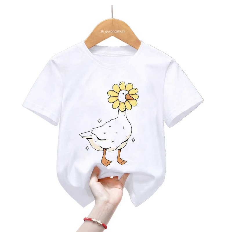 

Funny Goose Sunflower Print T Shirt For Girls/Boys Kawaii Kids Clothes Cute Cat Birds Axolotl Tshirt Children'S Clothing T-Shirt