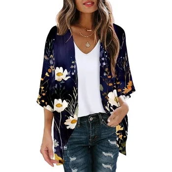 Women Cardigan Sweater For Dress Floral Print Puff Sleeve Kimono Cardigan Loose Cover Up Casual Clothing Sueter Mujer Aesthetic 2