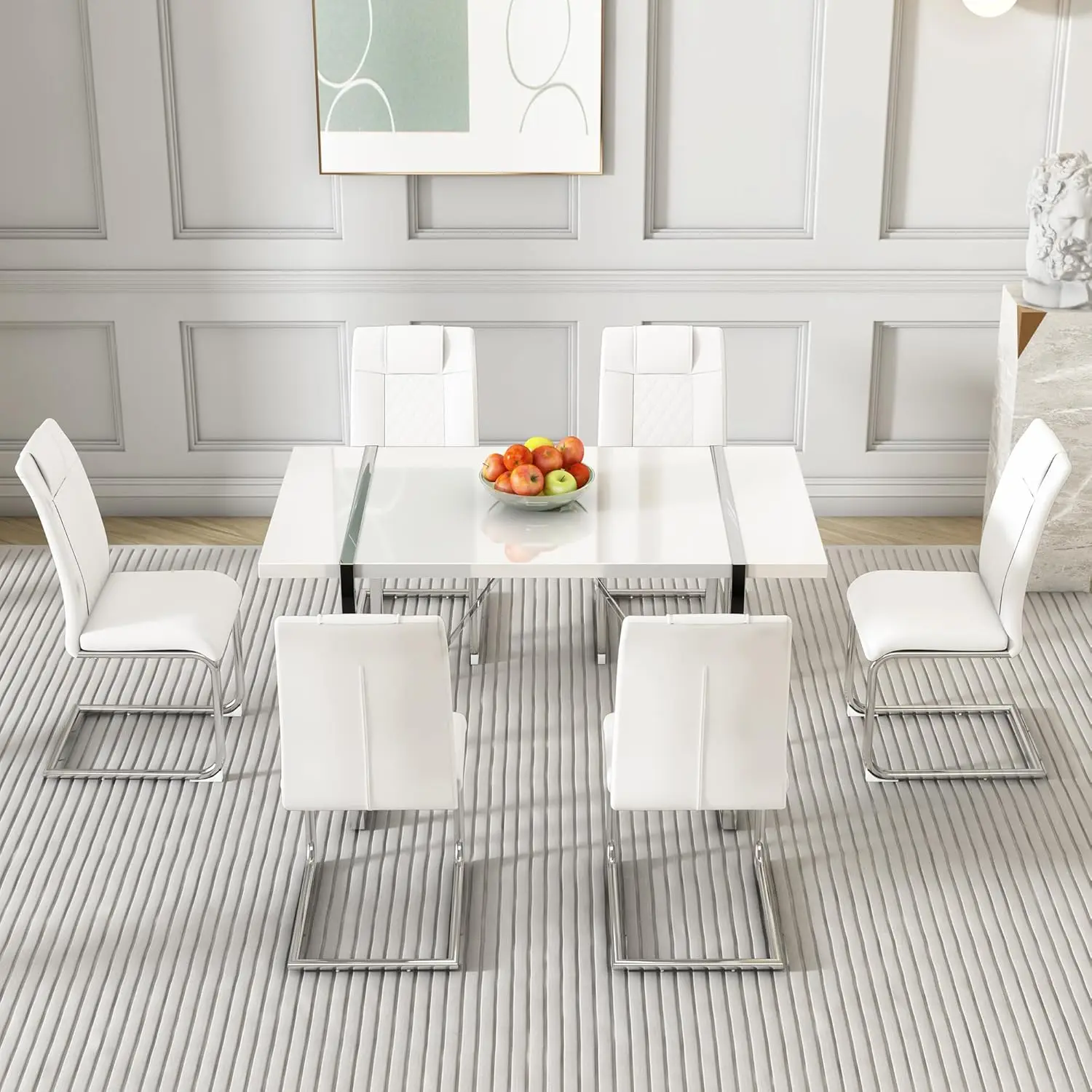 Dining table chairs set for 6 PU leather upholstered 55" dinner dining room table and chair dining table set