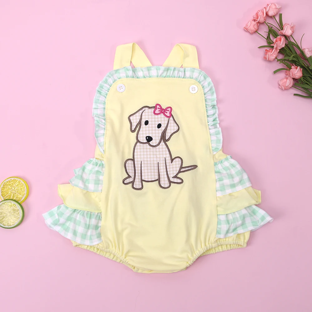 Boutique Baby Kids Cotton Short Sleeved Yellow T-shirt Set Round Neck Puppy Printing Boy Top Clothes And Green Stripe Short Suit