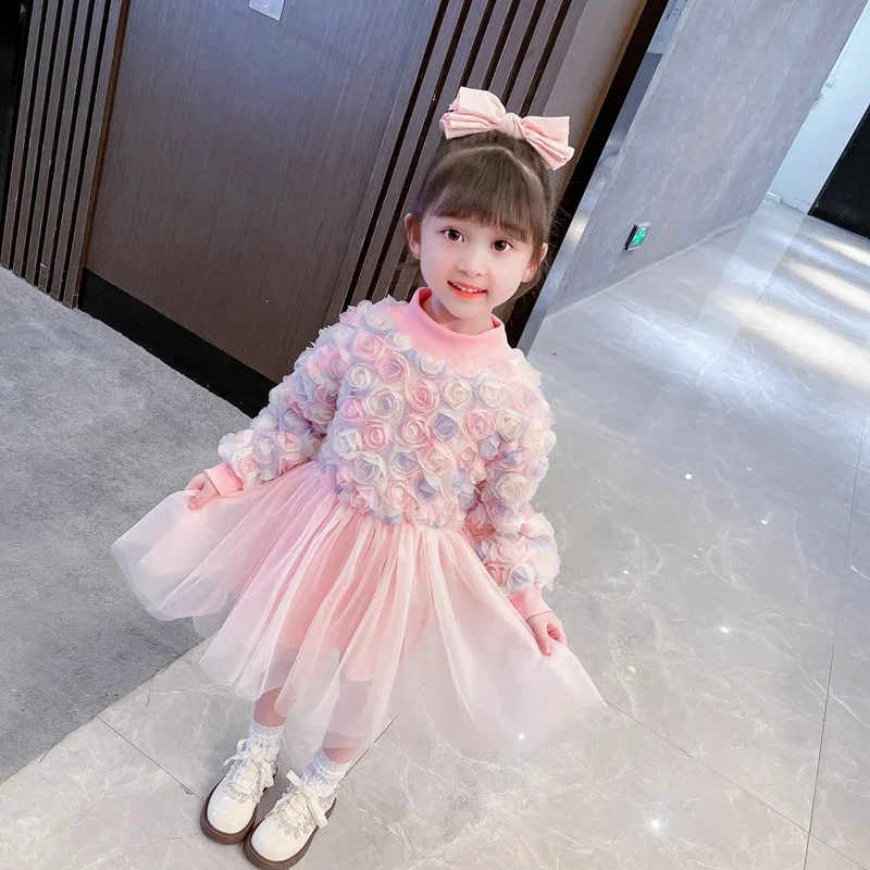 2023 Autumn Winter Baby Girls Dresses Birthday Party Floral Lace Princess Dress Children Casual Clothes 1-6 Years Kids Clothing