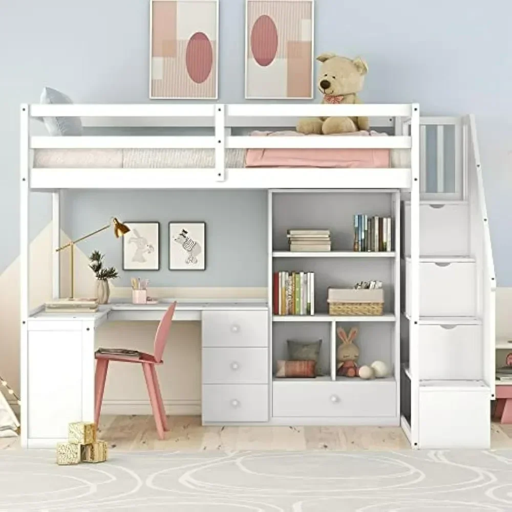 Bunk Beds Twin Loft Bed, Stairs and L-Shaped Desk, Solid Wood Loft Bed Frame with Bookcase and Storage Drawers, Loft Bed 2
