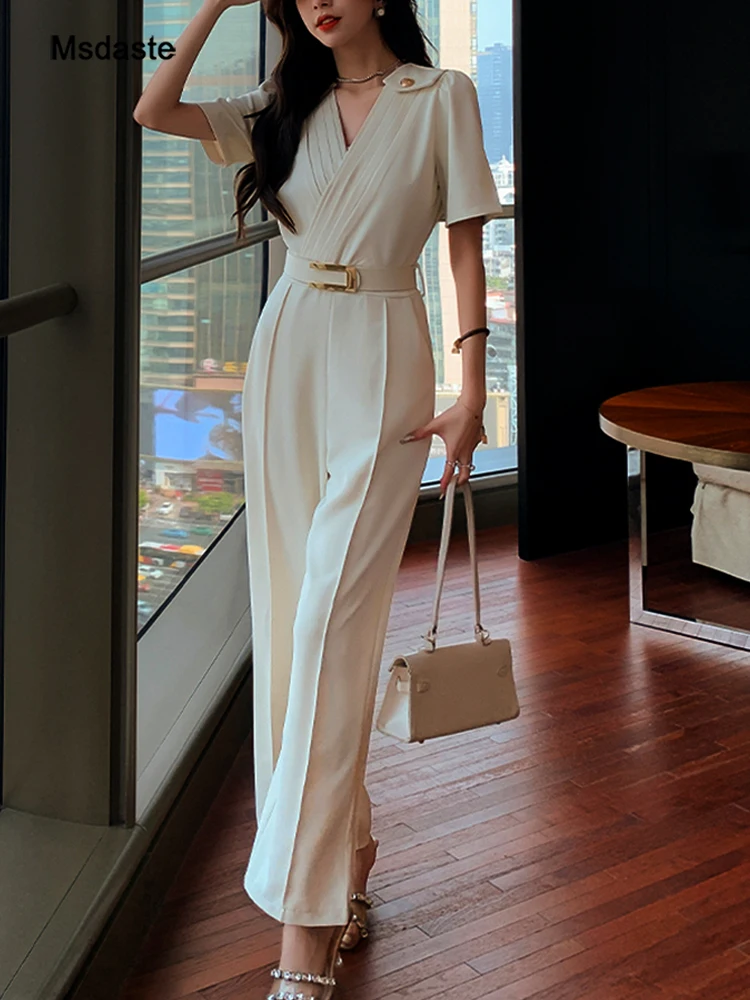 

Summer Jumpsuits Women Formal One Piece Lady Outfits White Black High Waist Short Sleeve Wide Leg Trousers Belted Woman Rompers