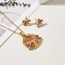 Luxury Girl Necklace Earrings 24k Gold Plated Circle Cherry Blossoms Glittering Diamond Zircon  Elegant Jewelry Sets For Women