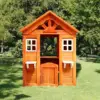 All Wooden Kids Playhouse with 2 windows and flowerpot holder,42"Lx46“Wx55"H,Golden Red 1