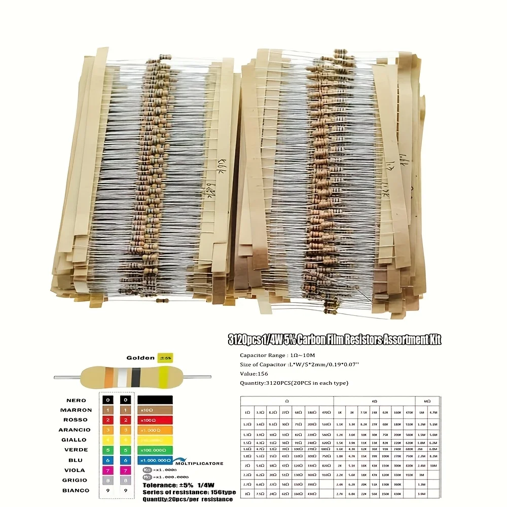 3120pcs 156 값 1 -10M 옴 1/4W 5% 탄소 필름 저항기 분류 키트 전자 부품