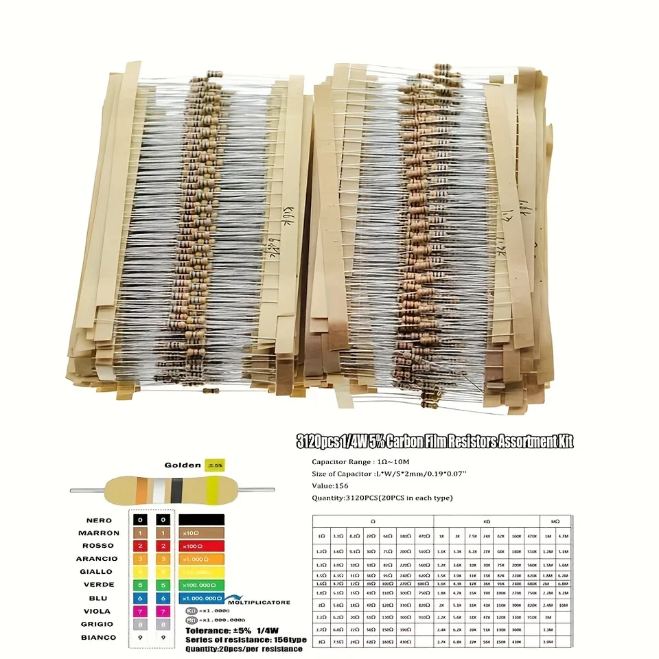 Kit Resistenze 1000 Pezzi 1/2W | 100 Valori Da 1 Ohm A 10M Ohm, Con Scatola