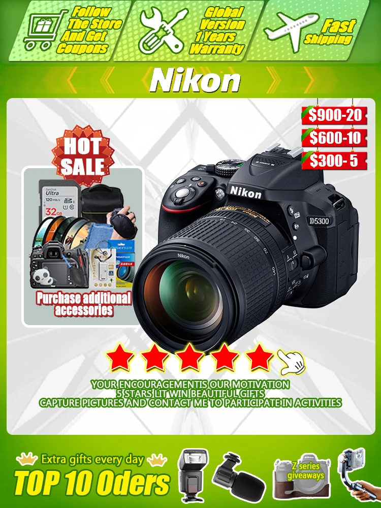 Nikon D5300 Digital SLR Camera with Nikon AF-S DX NIKKOR 18-55mm f/3.5-5.6G  VR II Lens + 32 GB SD Card + Cleaning Kit 