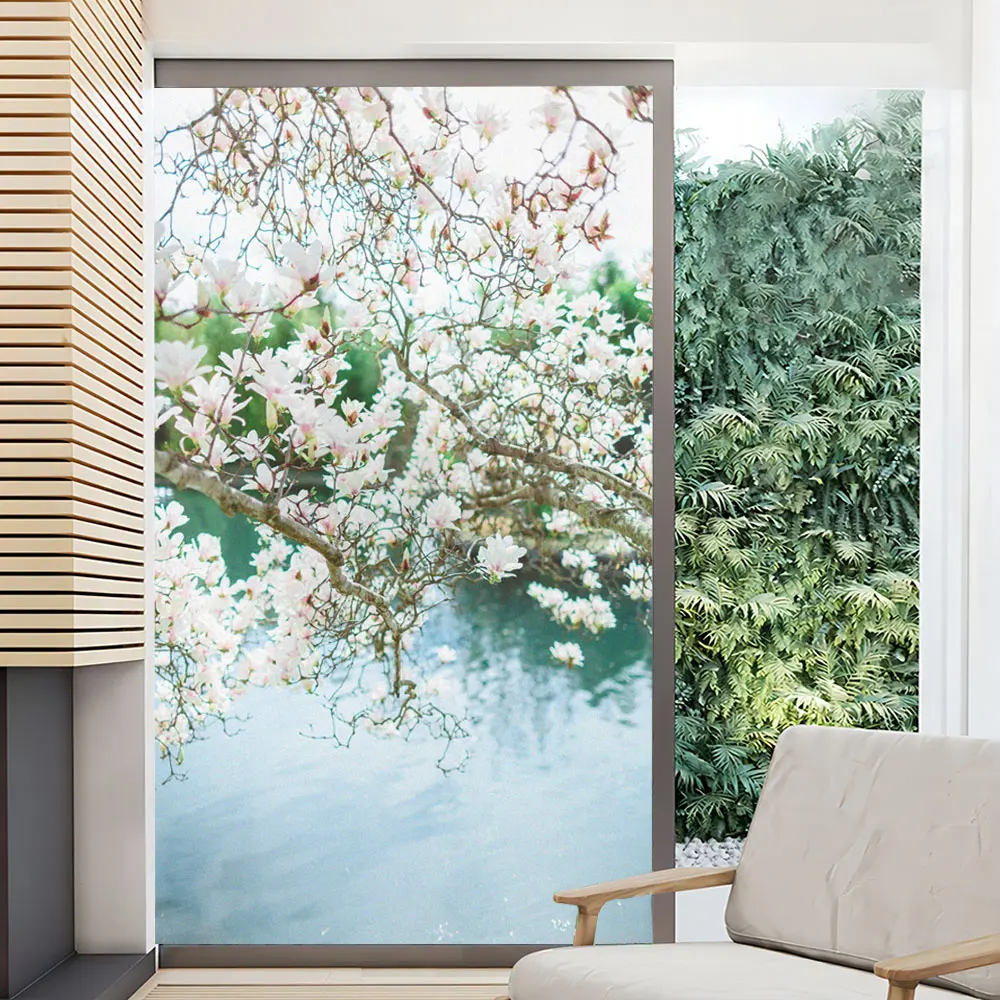 Mangnolia Path Pattern Privacy Glass Window Frosted Decorative Film UV Blocking Non-glue Static Cling Stained Glass Door Sticker