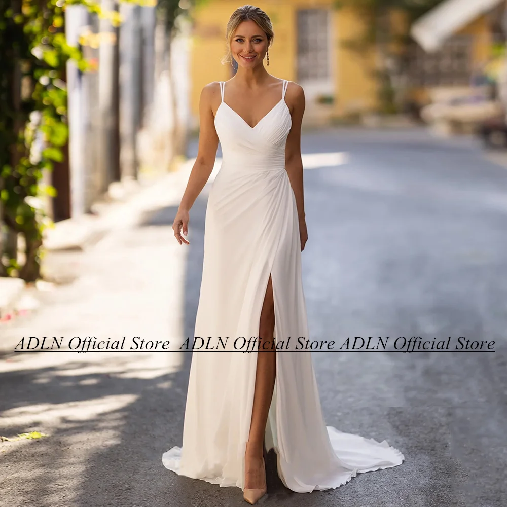 

Sexy Simple Wedding Dress Thin Straps V Neck Pleat Slit Chiffon A Line Sweep Train Chiffon Summer Beach Bridal Gown Robe Mariage