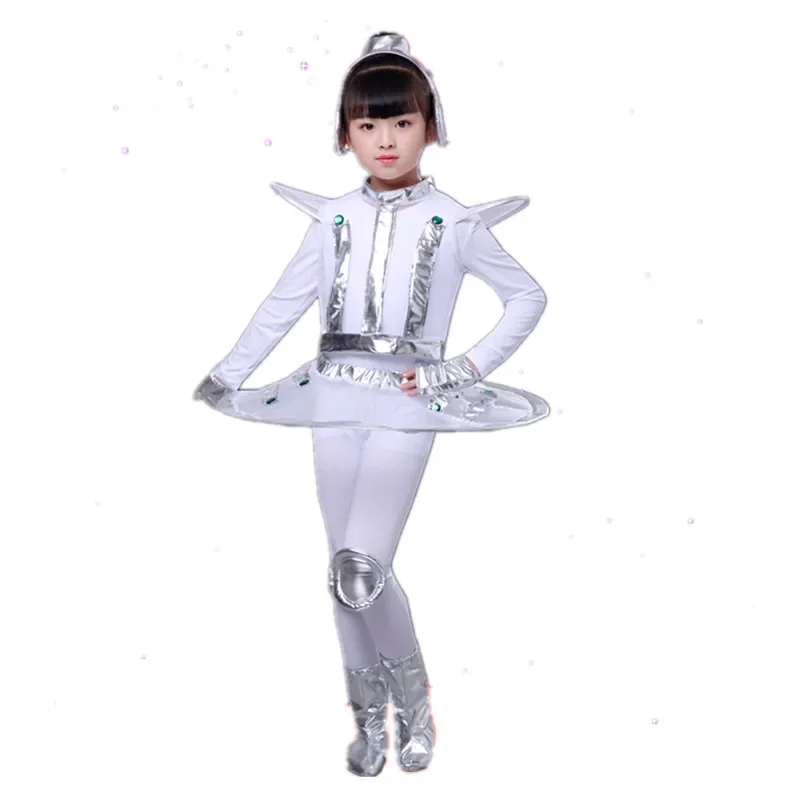 

Kids Robot Costume White Silver Astronaut Performance Space Stage Dance Show Time Clothing Unisex Dance Clothes Boy or Girl