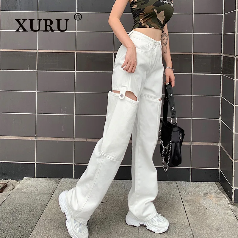 XURU - Europe and The United States New Pocket Jeans Women, Solid Color Loose Straight Hollow Pants Long Jeans N5-1004