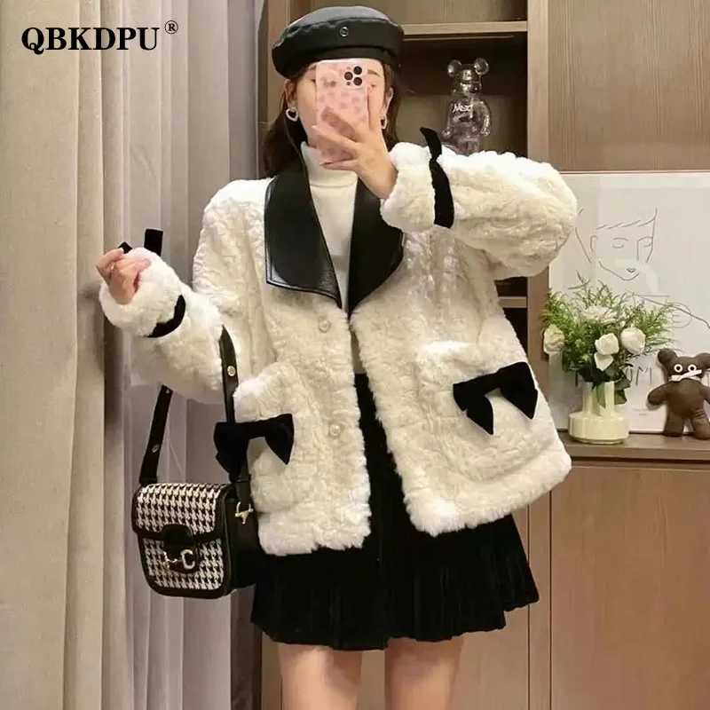 Kawaii Faux Rabbit Fur Cropped Coat Women Korean Fashion Bow Lapel Quilted Cotton Jacket Winter Thick Elegant Fleece Outerwear women japanese korean cute lolita faux rabbit fur coats winter students hooded warm kawaii fur jacket furry sweet cotton coat