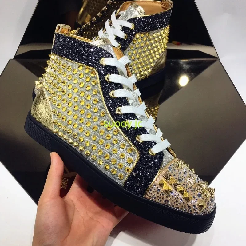 

Fashion Luxury Designer Men's Shoes High Top Silver Flats Hair Stylist Rivet Rhinestone Men's Nightclub