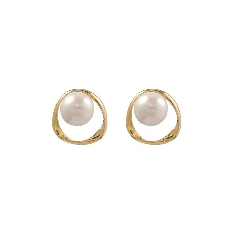 Imitation Pearl Earring for Women Gold Color Round Stud Earrings Korean Delicate Irregular Design Unusual Fashion Jewelry