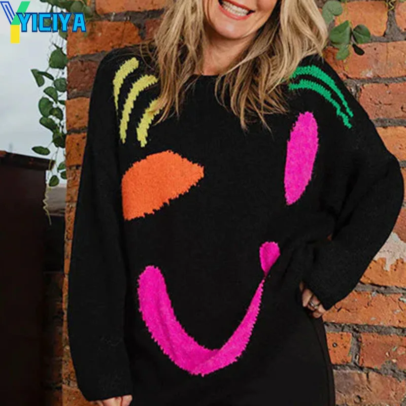 YICIYA Smiling face jacquard Pullover black sweater Korean fashion Women Knitted new outfit Vintage winter streewear female 2024 deeptown korean style striped sweater women preppy fashion oversize color contrast pullover long sleeve knitted jumper female
