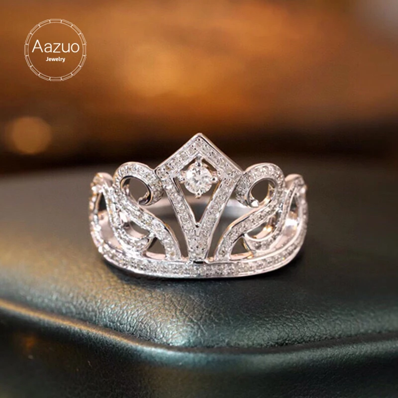 Aazuo Fine Jewelry 18K White Gold Real Diamond 0.35ct H SI Luxuly Crown Shape Ring Gift For Women Engagement Halo anillos mujer