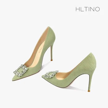 green luxury women's shoes Rhinestone Woman Pumps Star Style High Heels Shoes Fashion Pointed Buckle Ladies Prom Party Shoes