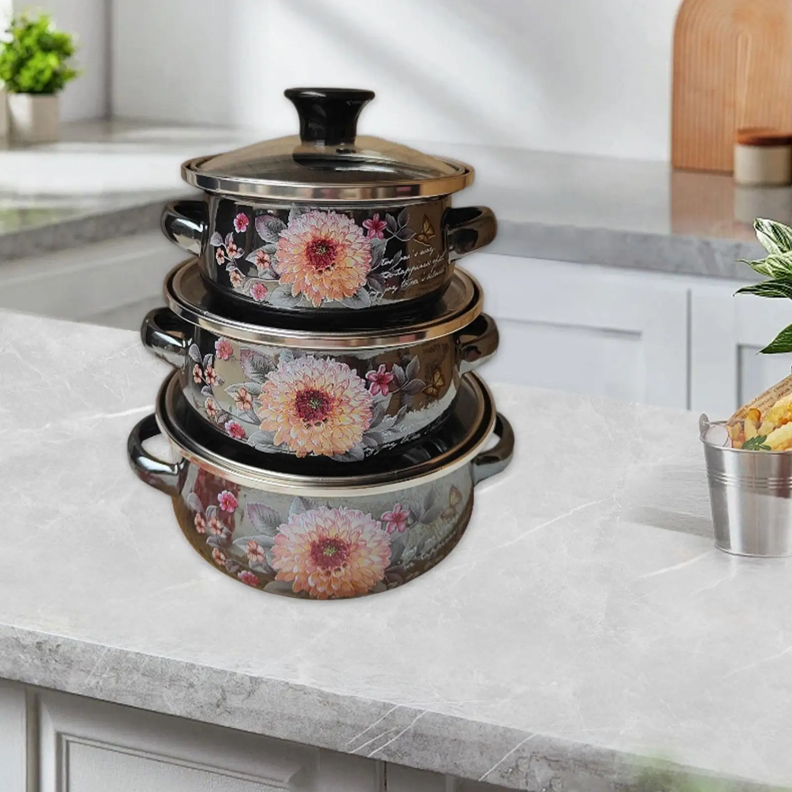 3x Enamel Stockpots Set Cookware Cooker Enamel Pots for Restaurant Home 3x Enamel Stockpots Set Cookware Cooker Enamel Pots for Restaurant Home