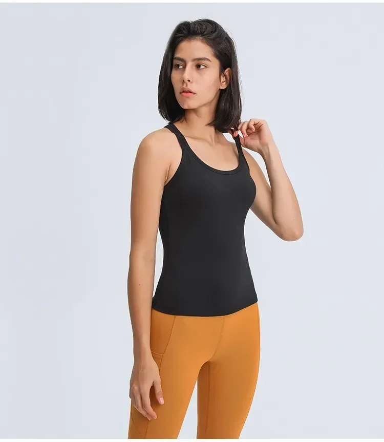 Lemon Waist-Length Racerback Padded Tank Top Feel Weightless Sweat-wicking Training Gym Yoga Vest Sleeveless Tight Fit Shirts