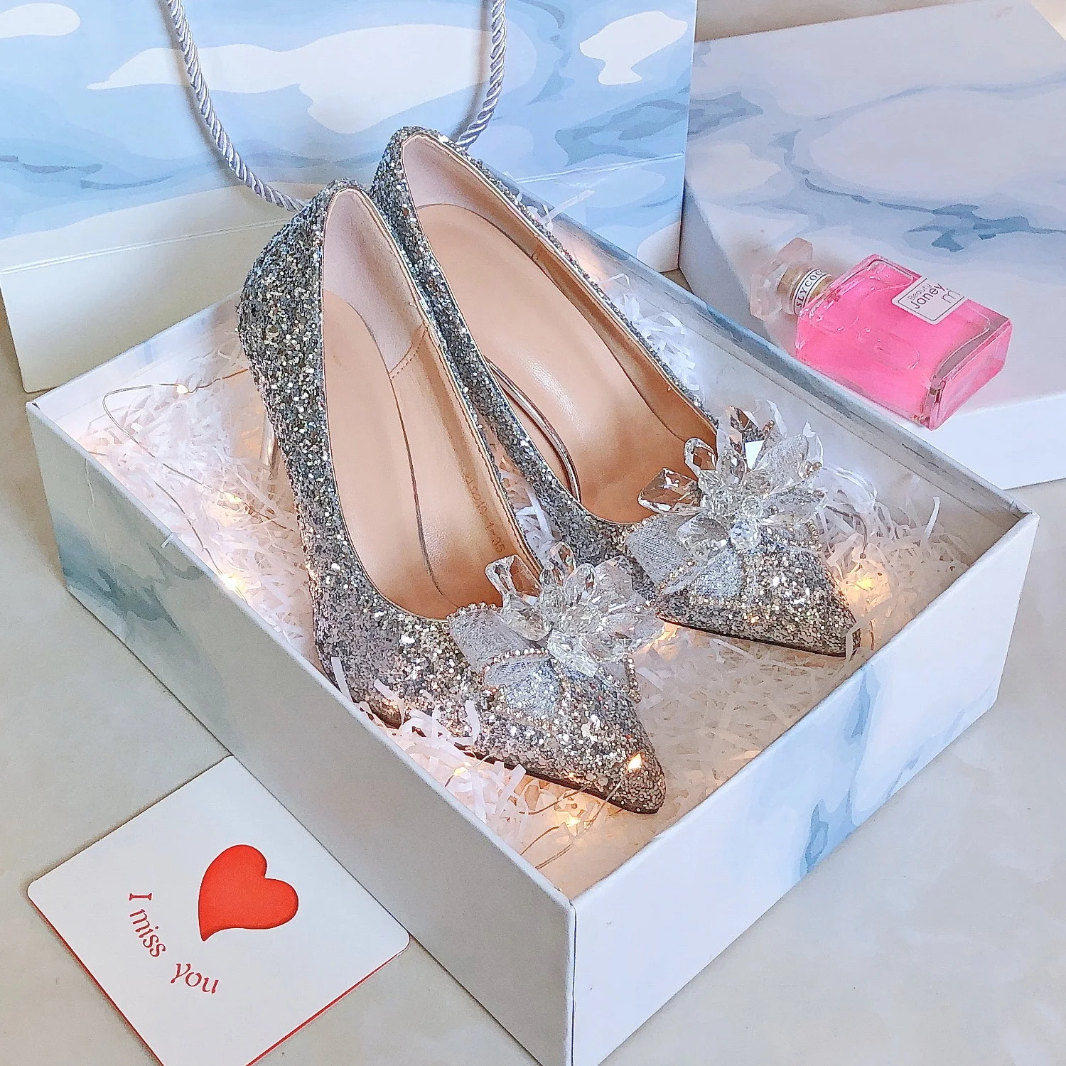 Cinderella Gold Crystal Wedding Shoes 2023 Leather 8 cm Stiletto Heels  Pointed Toe Pumps