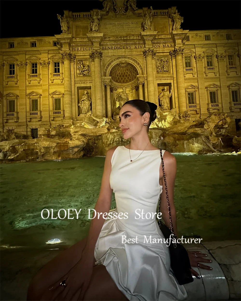 OLOEY Ivory Pleats Satin Mini Prom Cocktail Dress Sleeveless Short Wedding Party Dress Backless Zip Formal Prom Gown Made