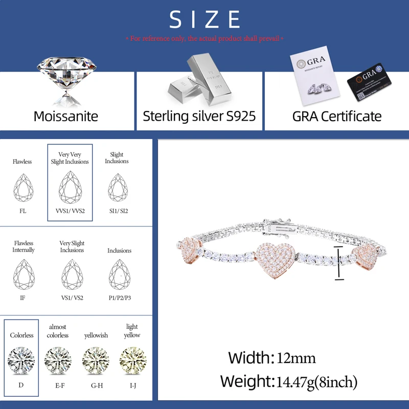  모이사나이트 하트 테니스 팔찌 아이스드 아웃 클래스프 체인 럭셔리 스파클링 링크 팔찌 여성 남성 주얼리 선물