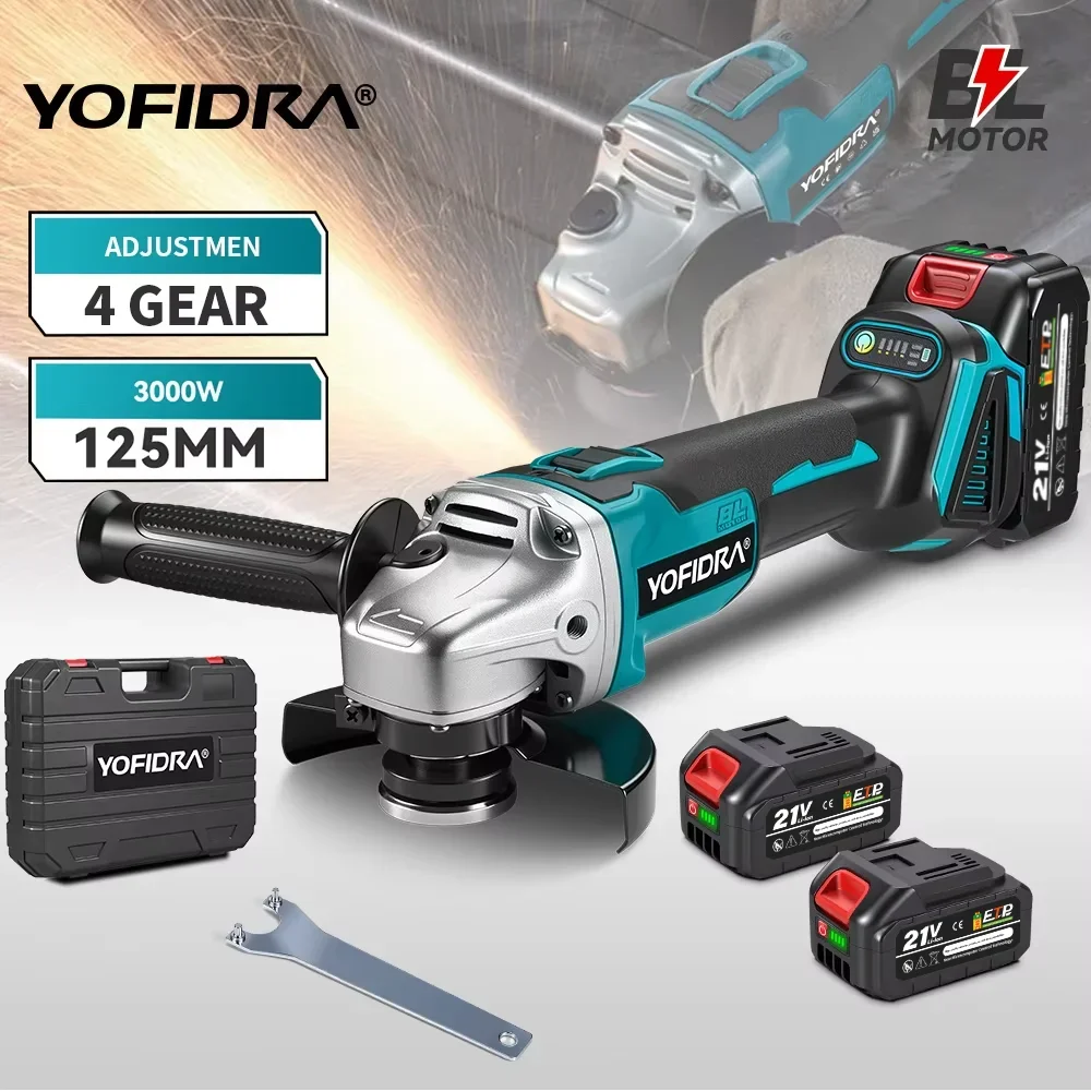 YOFIDRA 125mm Brushless Angle Grinder 4 Gears Cordless Grinding Machine Cutting Woodworking For Makita 18V-21V Battery Pin