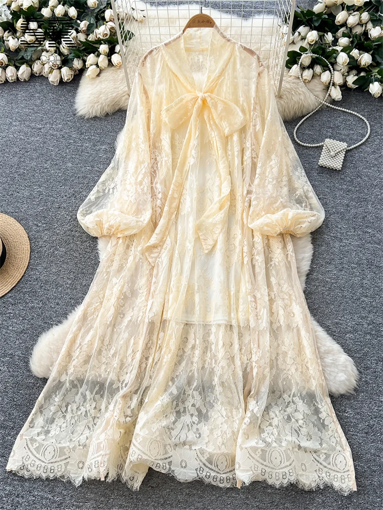 SINGREINY High Street Lace Loose Dress Bow Collar Long Lantern Sleeve Oversize Dress Autumn Thin Vintage Senior 2 Pieces Dresses 3