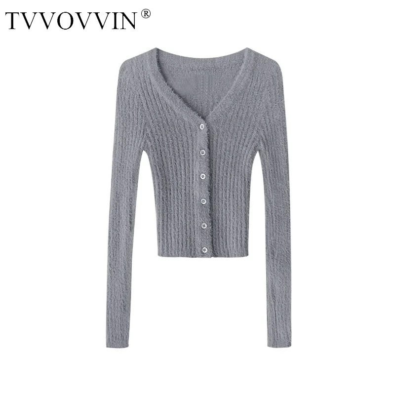 

TVVOVVIN Mohair Knitted Cardigan Women Spring Autumn Slim V-neck Button Long Sleeve Short Sweater Sweet LZ56