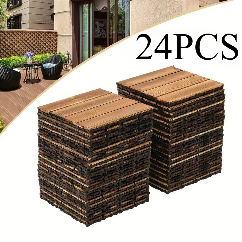 24PCS Interlocking Deck Tiles - Solid Wood Flooring with Snap on Design, Easy To Install, Suitable for Indoor and Outdoor Use