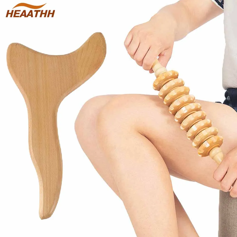 Durable Wooden Massage Roller & Gua Sha Paddle Wood Therapy Massage Tools for Lymphatic Drainage Anti-Cellulite Muscle Relief