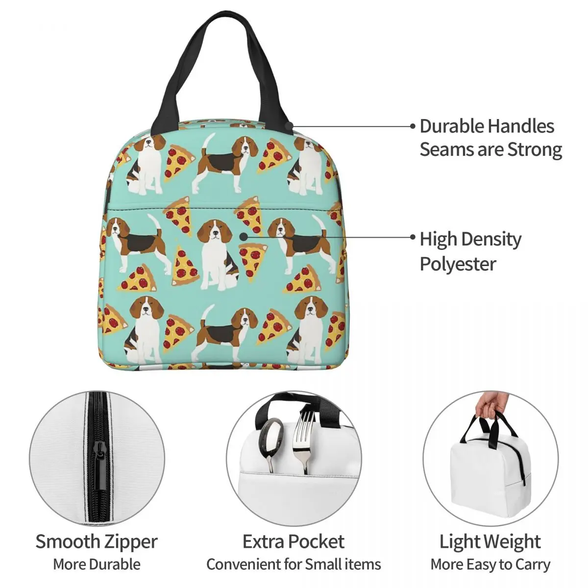 Lunch Bags for Women Kids Beagles Love Pizza Dog Thermal Cooler Waterproof Picnic Food Funny Polyester Lunch Box Bento Pouch