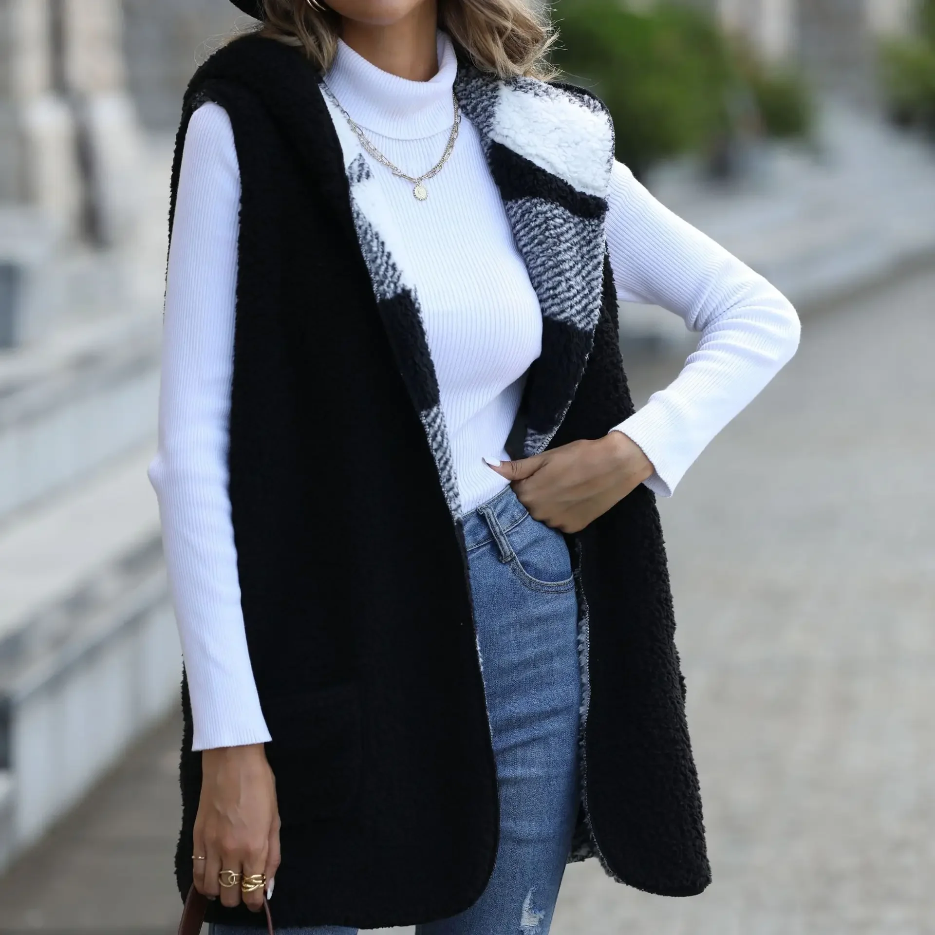 Casual Women's Hooded Sleeveless Plaid Double Sided Velvet Loose Jacket